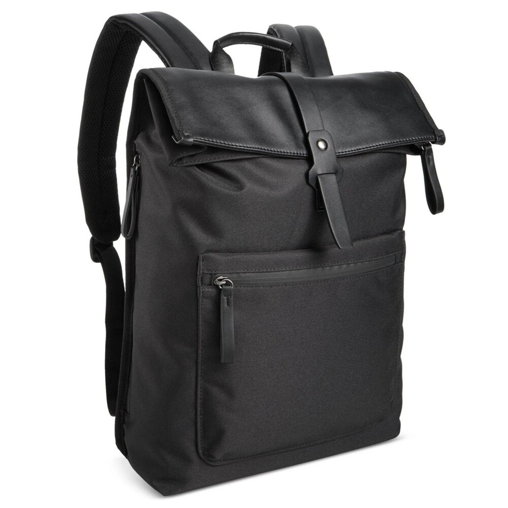 ALFANI Backpack Black Canvas Roll Top Backpack Faux Leather Trim Laptop Sleeve